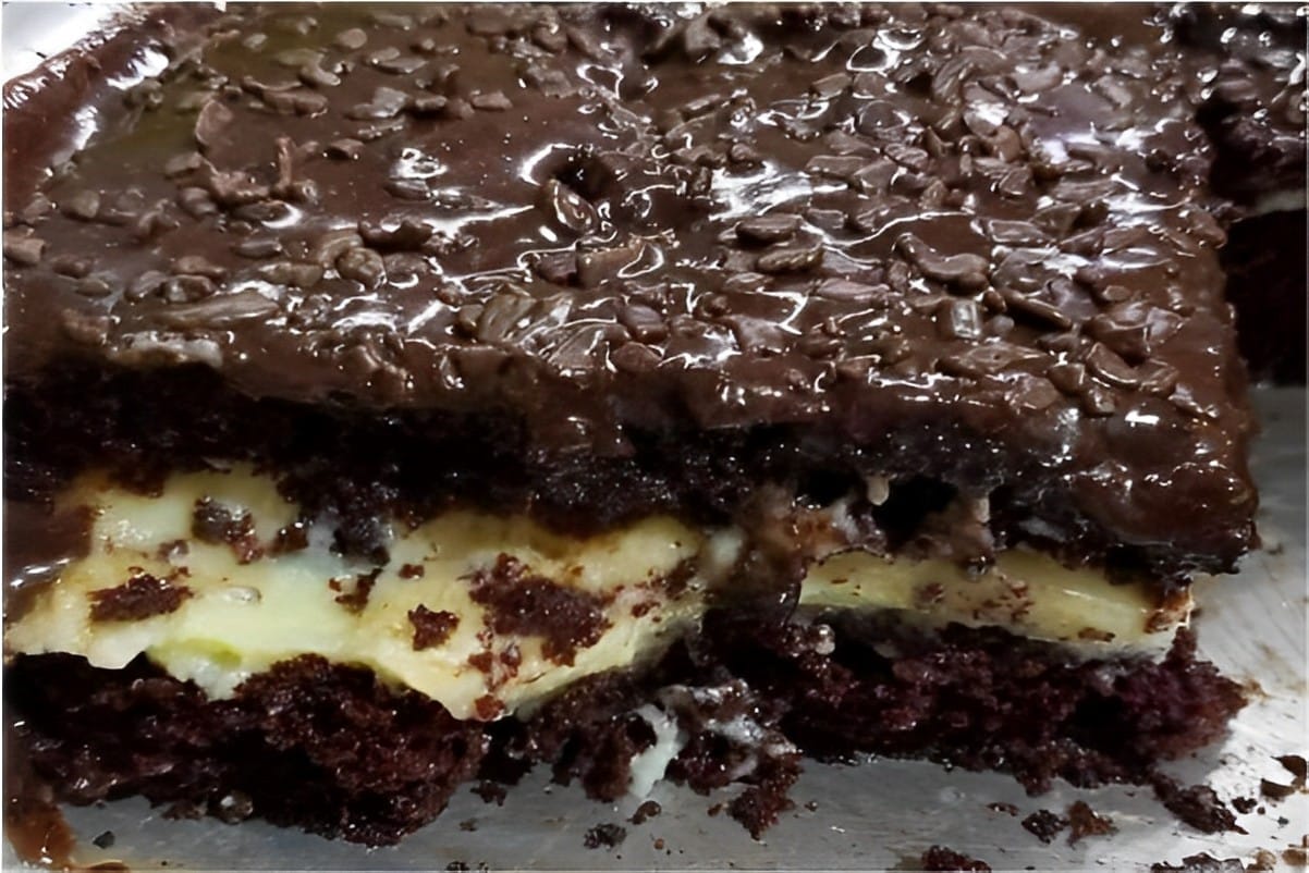 Bolo de chocolate com recheio de leite ninho e cobertura de brigadeiro bem molhadinho