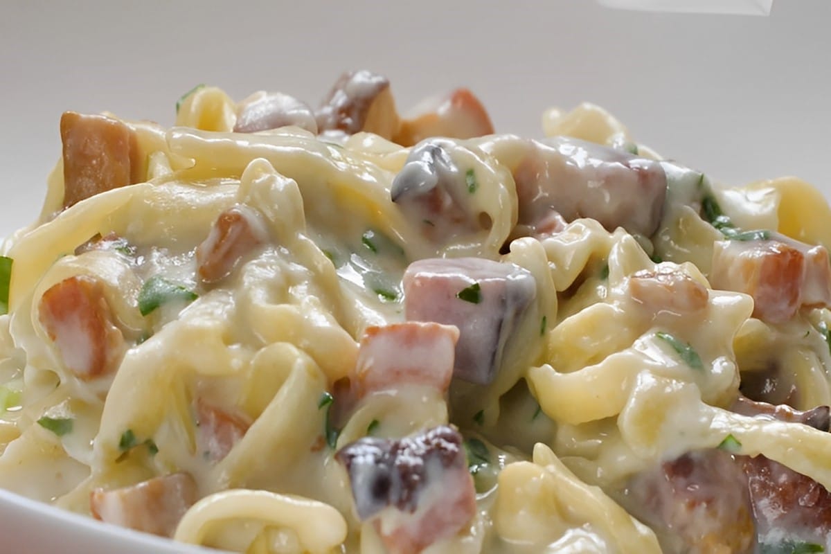 Macarrão com molho branco e bacon fácil e rápido para seu almoço ou jantar