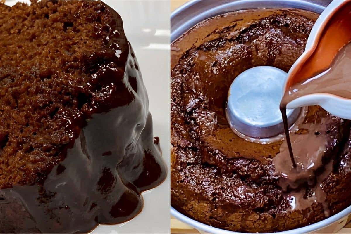Bolo de chocolate batido à mão com calda perfeito para servir no lanche ou café