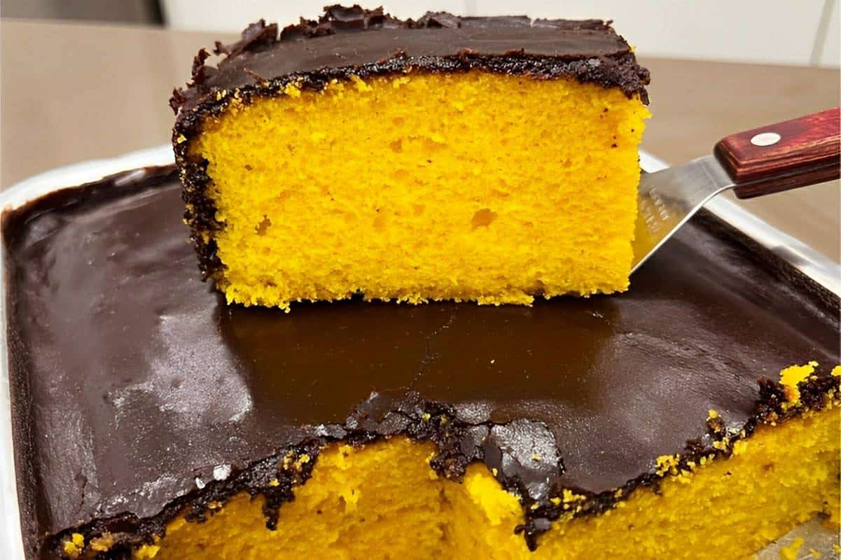 Bolo de cenoura bem fofinho com casquinha de chocolate crocante uma delícia para seu lanche ou café