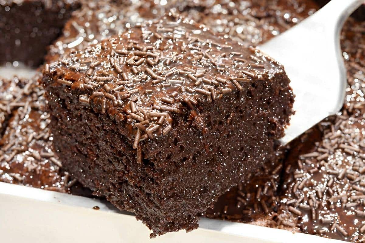 Bolo de chocolate simples bem molhadinho com sabor de bolo de vó