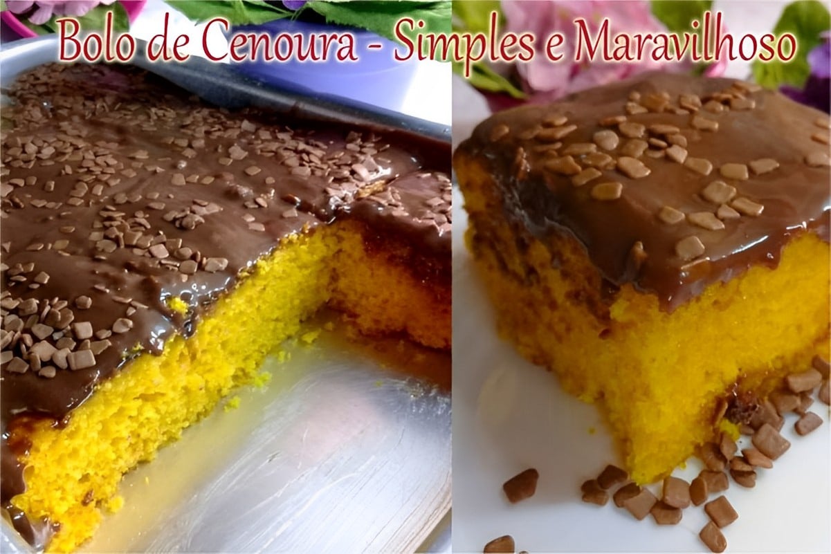 Bolo de cenoura com cobertura de brigadeiro delicioso e perfeito para o lanche da tarde
