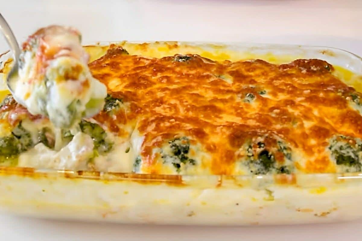 Brócolis gratinado com peito de frango e molho branco cremoso delicioso e perfeito para o jantar