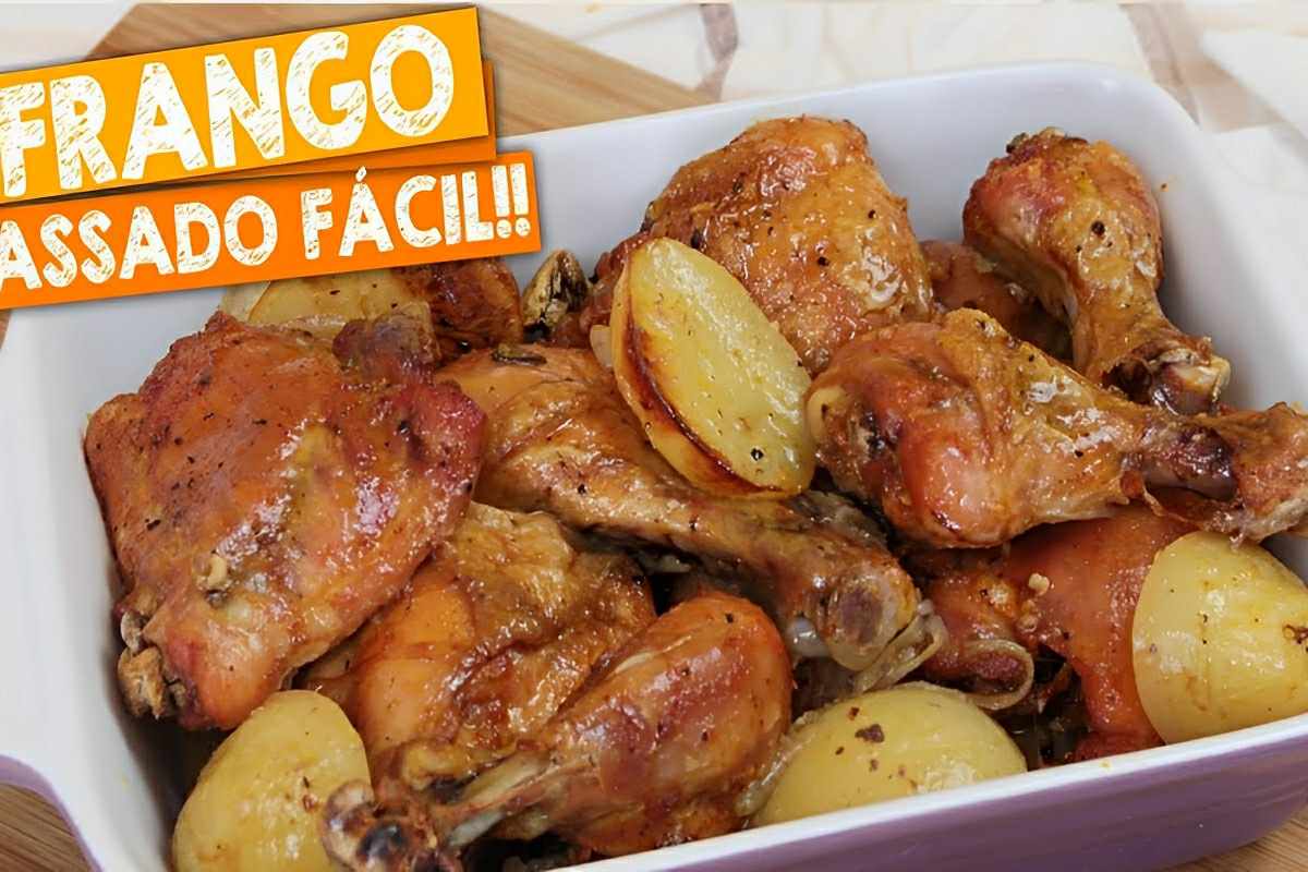 Frango assado com batata douradinho e saboroso para o seu almoço ou jantar