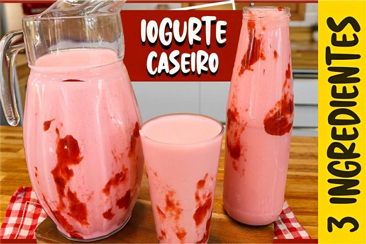 Iogurte caseiro de morango feito com apenas 3 ingredientes