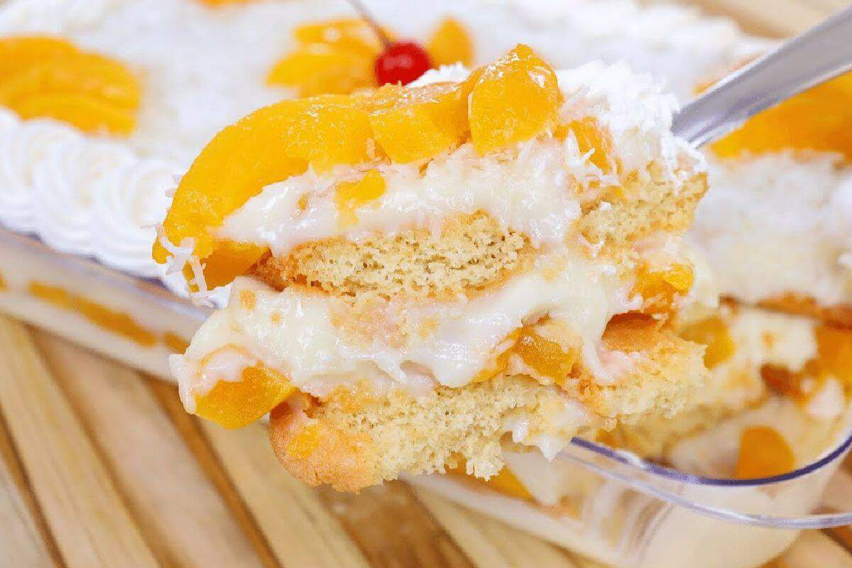 Pavê cremoso de pêssego mega cremosão para comer bem geladinho no domingo
