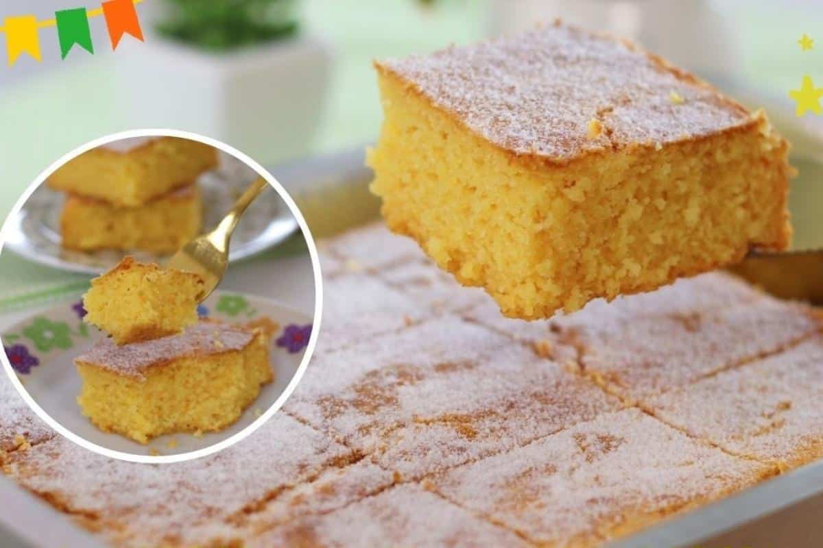 Bolo de fubá fofinho sem farinha de trigo e sem leite para o lanche da tarde