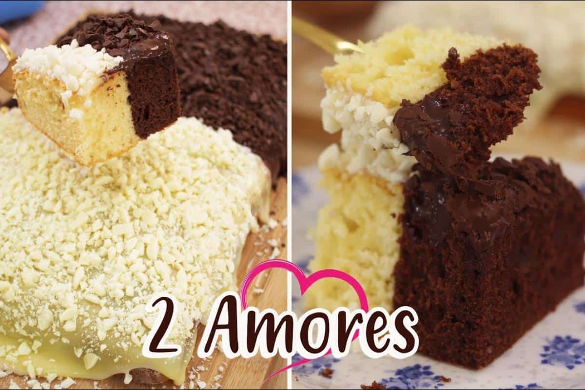Bolo dois amores com cobertura bem fofinho e macio para agradar todos os gostos