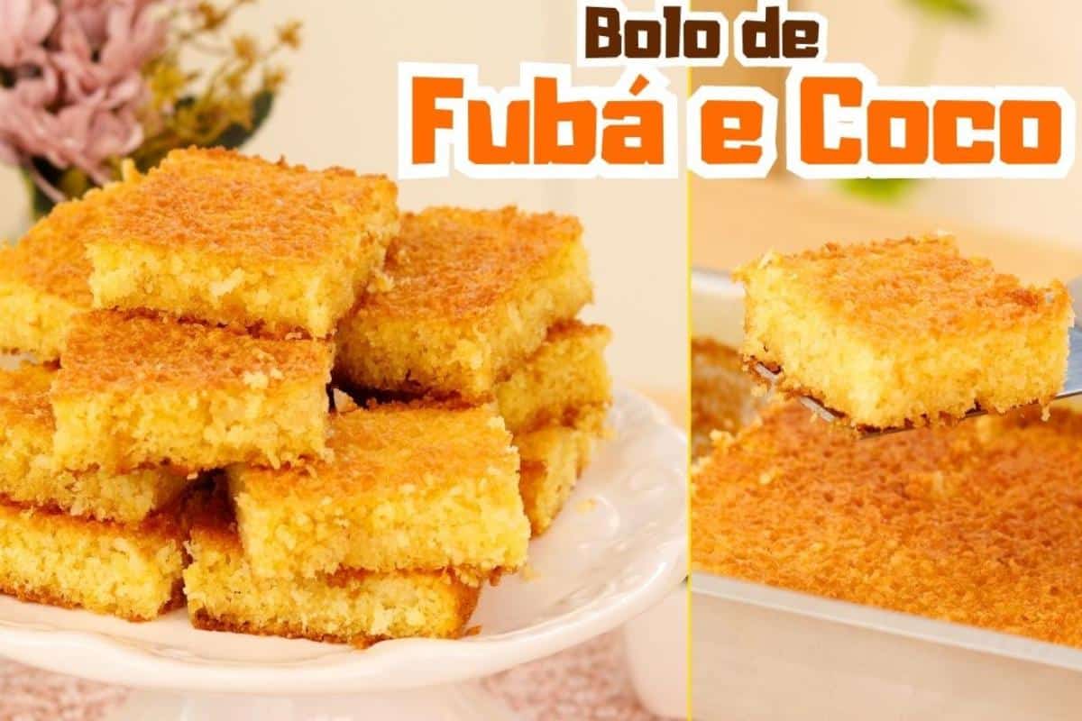 Bolo de fubá com coco feito à mão super fácil de fazer para o café