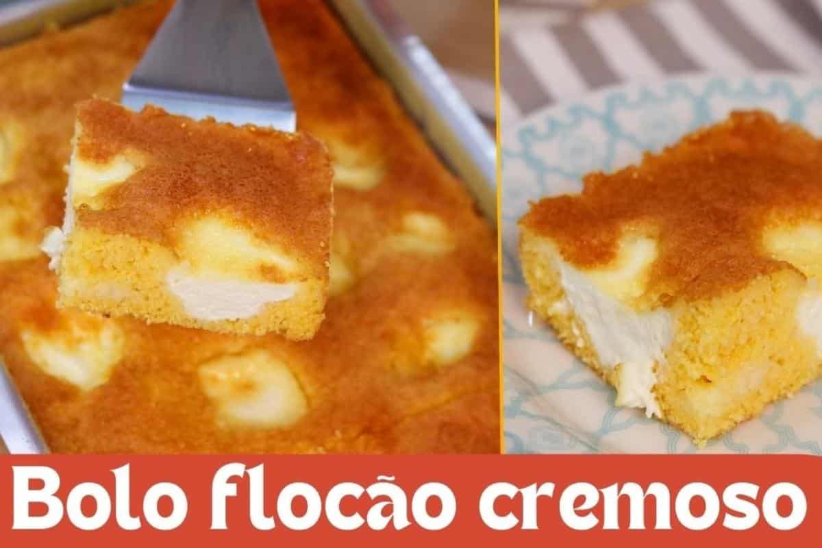 Receita de bolo de flocão que já sai do forno recheado e muito cremoso